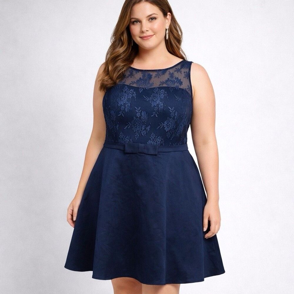 B2  Size 18 Navy Blue Floral Lace Mesh Satin Bridesmaid Formal Dress